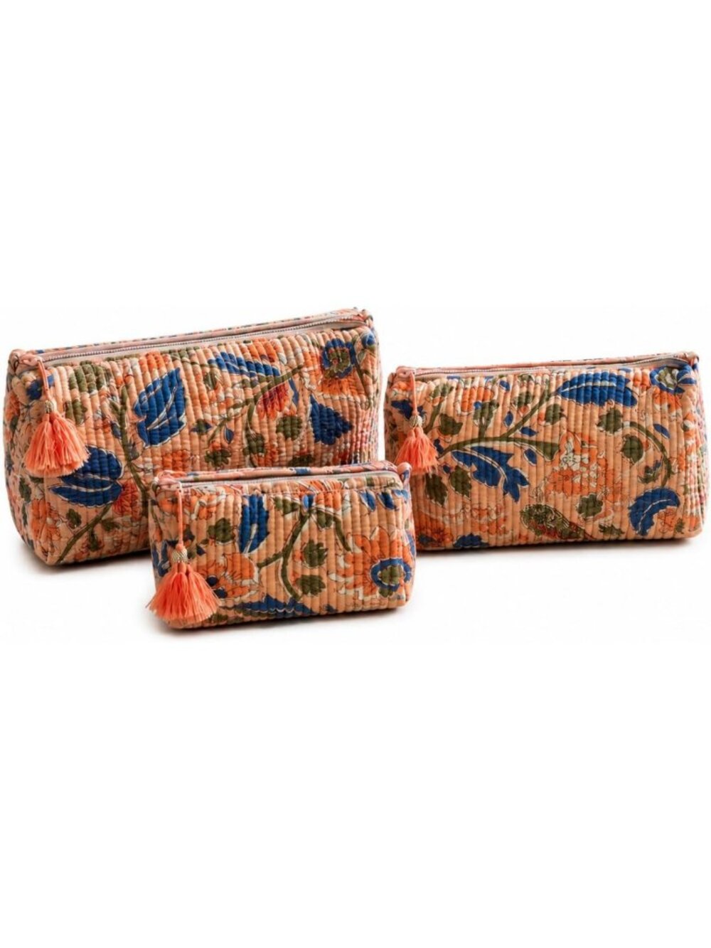 Floral Travel Cosmetic Case - Apricot Blue, Zippered, Cotton, 9x4x7 Inches